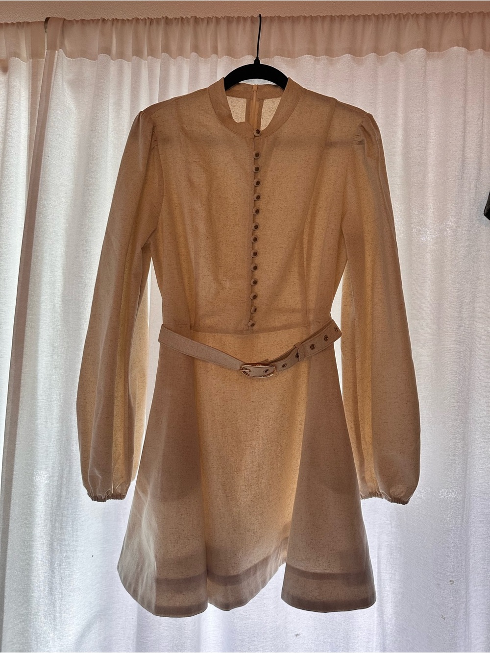Long-Sleeve linen Mini Dress in Beige.